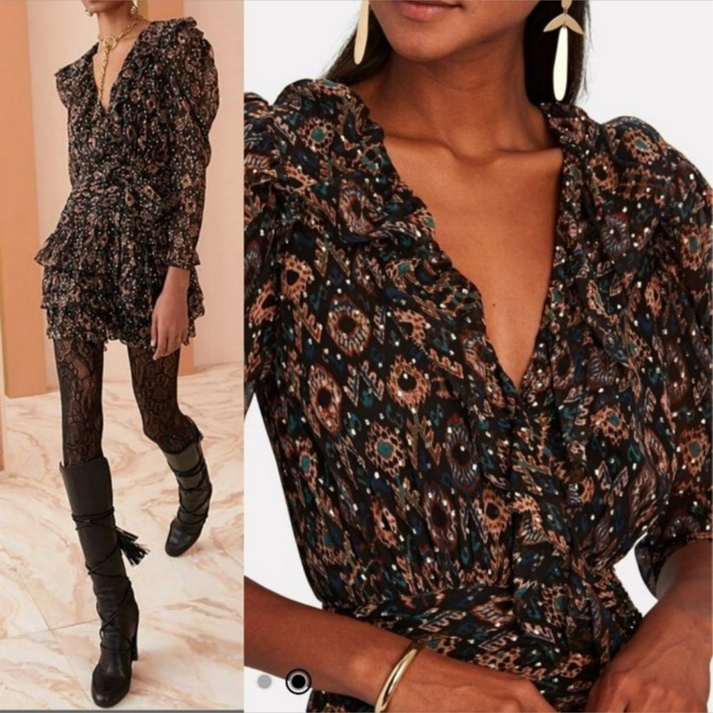 Ulla Johnson Esila Dress Folk Ikat Metallic Ruffle Sz 2